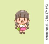 set Cute happy little girl kawaii chibi hangout character mascot illustration