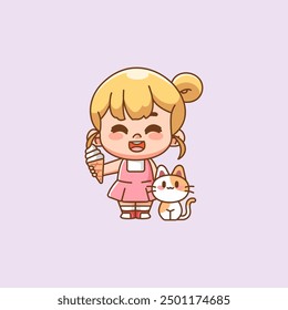 set Cute happy little girl kawaii chibi eat ice cream with cat character mascot