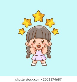 set Cute happy little girl give thumbs up and five stars kawaii chibi character mascot