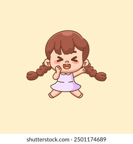 set Cute happy little girl jumping kawaii chibi character mascot illustration outline style