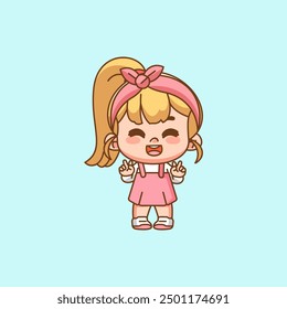 set Cute happy little girl peace hand kawaii chibi character mascot illustration outline style