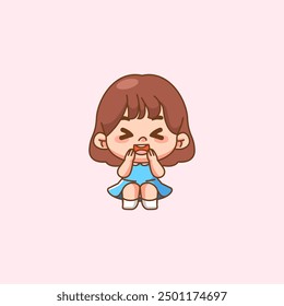 set Cute happy little girl shy kawaii chibi character mascot illustration outline style