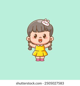 set Cute happy little girl kawaii chibi character mascot illustration outline style design