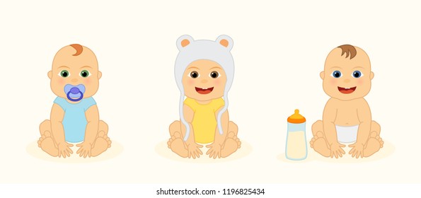  Set with cute happy little newborn baby, funny cartoon character, vector isolated illustration.