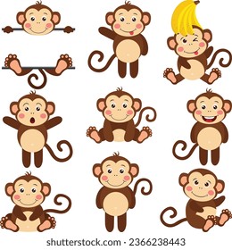 Set of cute happy monkey