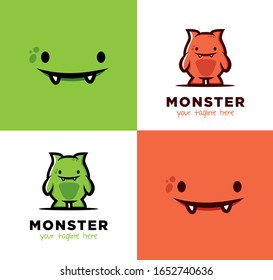 Set Of Cute Happy Monster Logo And Background In Orange And Green Color.