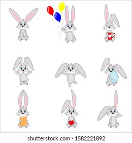 Set of cute and happy rabbits isolated on a white background. Stock vector illustration for decoration and design, children's books, cards, posters, Happy Easter, Valentine's Day, holiday element