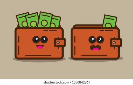 Set of cute happy and sad emoji wallet with dollars money. Vector flat cartoon character illustration icon design. isolated on brown background concept