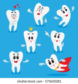 Set of cute, happy shiny white tooth characters showing various emotions, isolated cartoon vector illustration. Happy tooth characters, mascots, dental health care symbols