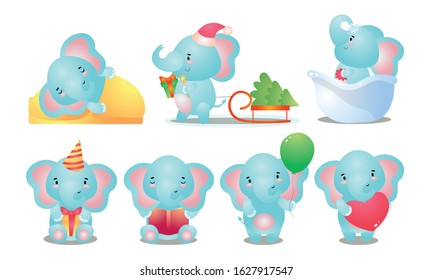 Set of cute happy smiling kid blue elephant character. Vector illustration in flat cartoon style.