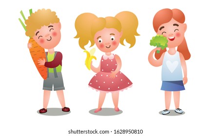 Set of cute happy smiling kids with fresh fruits and vegetables. Vector illustration in flat cartoon style.