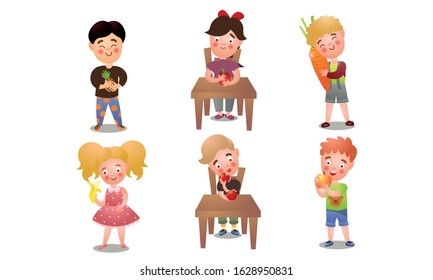 Set of cute happy smiling kids with fresh fruits and vegetables. Vector illustration in flat cartoon style.