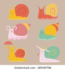 Set of cute and happy snails in different colors