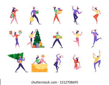 Set of Cute Happy Tiny People Celebrating New Year and Christmas Holidays, Carrying and Decorate Spruce Tree by Festive Light Bulb Garland, Dancing and Giving Gifts. Cartoon Flat Vector Illustration