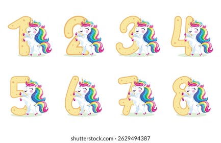 Conjunto de unicornio lindo y feliz con pelo multicolor y estrella sobre fondo blanco. Ilustración vectorial en estilo plano de dibujos animados