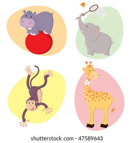 Set of cute happy vector jungle animals : hippo, elephant, monkey, giraffe.