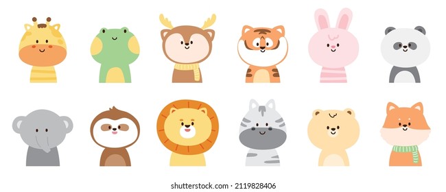 Set of cute happy wild animals on white background.Giraffe,frog,deer,tiger,rabbit,panda,bear,elephant,sloth,lion,zebra,bear,fox cartoon collection.Forest.Isolated.Kawaii.Vector.Illustration.