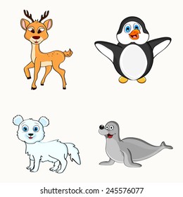 Set of cute happy winter animal or bird characters like reindeer, penguin, fox and seal on white background.  