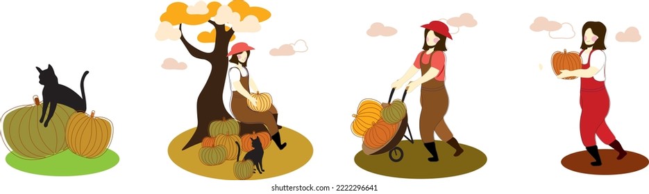 set of Cute happy women and black cat picking pumpkin in garden. Autumn harvest, seasonal agricultural work. Flat cartoon colorful vector illustration.