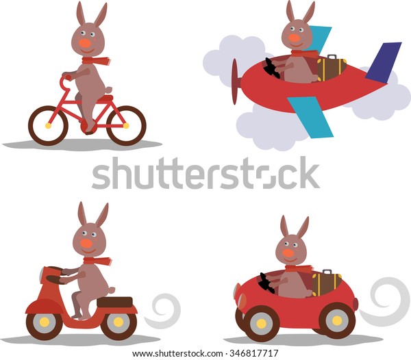 Set cute\
hare rabbit with scarf on\
scooter,bike,airplane,car.EPS8,Vector.rabbit isolate.rabbit\
isolated vector.rabbit vector.aviator,delivery,transport\
vector,bunny vector,easter bunny\
vector,sport