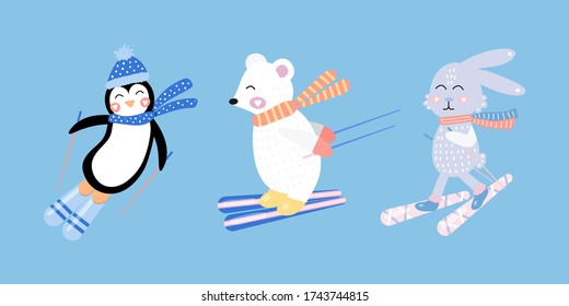 Set cute hare, white bear, penguin on skis. Funny rabbit. Vector illustration for kids. Hand drawn.