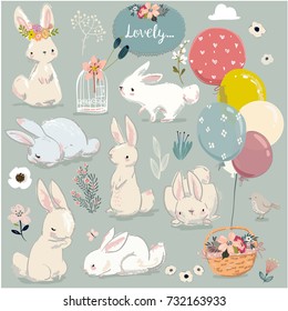 set of cute hares with balloons