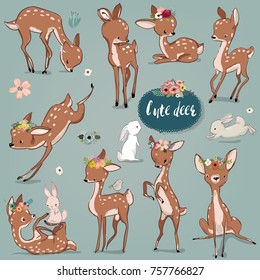 set with cute hares and deer
