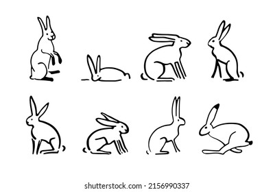 Set of cute hares doodle drawing for yours design and print. Rabbits or hares farm icons set. Vector