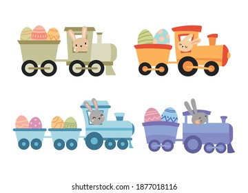 Set of cute hares on easter train. Collection of cartoon bunny faces on a train with easter eggs. Colorful illustration of holiday transport isolated on white white.  Drawing with children.