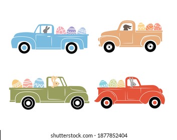 Set of cute hares on easter truck. Collection of cartoon bunny faces on a vintage truck with easter eggs. T-shirt design. Colorful illustration of holiday transport.  Drawing with children.