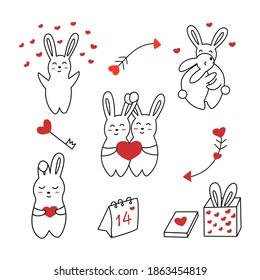 Set of cute hares or rabbits for Valentines Day. On calendar February 14, arrows of love, key with heart, gift box. Vector illustration in doodle isolated hand drawing elements. Happy Valentines Day