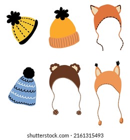 a set of cute hats in the cartoon style, with ears and a pompom, on a white background.