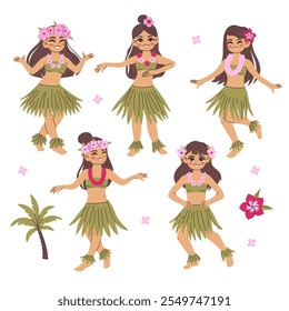 Conjunto de lindas chicas bailarinas hawaianas. Gráficos de Vector.