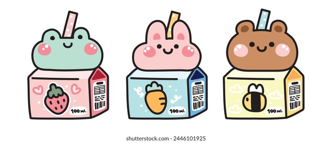 Set of cute head animal on milk box cartoon.Beverage.Baby and kid drink.Frog,rabbit,bear face hand drawn collection.Strawberry.Carrot.Bee.Kawaii.Vector.Illustration.