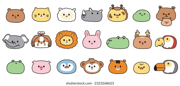 Set of cute head animals cartoon on white background.Zoo.Face collection.Wild,farm,reptile,pet animal character design.Isolated.Kawaii.Vector.Illustration.