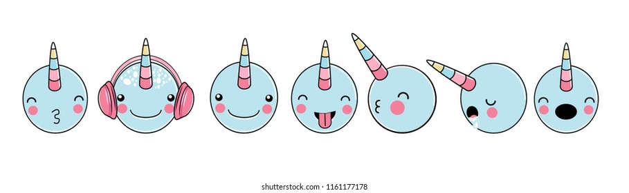 SET of cute head baby narwhal or whale unicorn characters 