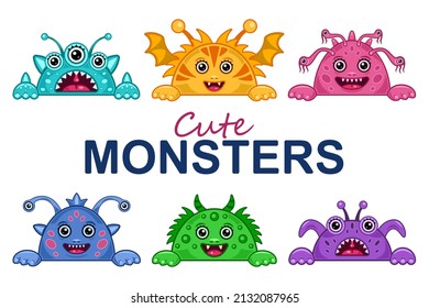 Set cute head monsters cartoon style isolated white background