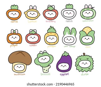 Set of cute head rabbit in fruit and vegetable cartoon.Funny animal character design collection.Kid graphic.Kawaii.Vector.Illustration.