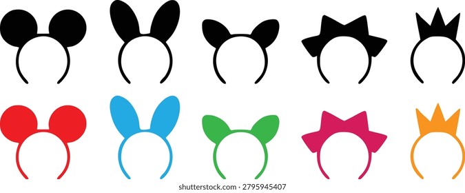 Set of cute headbands with ears and crowns for parties