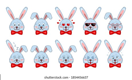Set cute heads bunnies, rabbits flat cartoon style