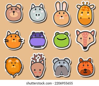 Set of Cute Heads Faces Wildlife Characters Animals. Sticker Animals Vector Illustration. 