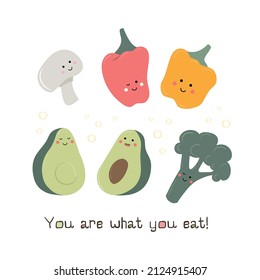 Set of cute healthy breakfast vector food. Card with text