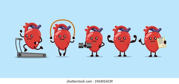 Set Of Cute Healthy Exercise Heart Organ Mascot Design