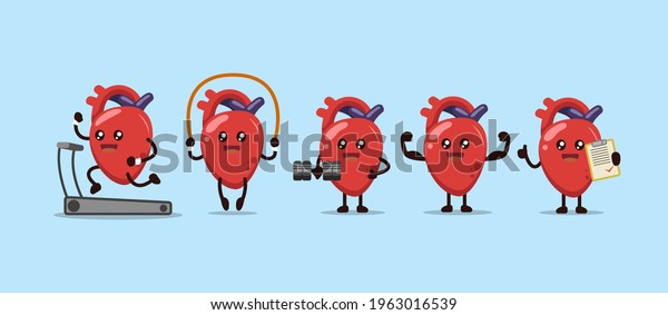 Set of\
cute healthy exercise heart organ mascot\
design