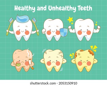 set of cute healthy and unhealthy teeth cartoon character