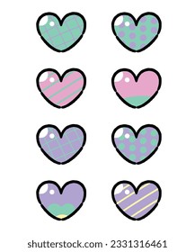 Set of cute heart cartoon design. Violet and green heart icon symbol