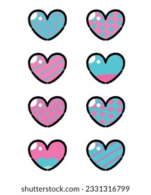 Conjunto de diseño de dibujos animados de corazón lindo. Símbolo de icono del corazón rosa y azul