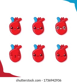 Set of cute heart characters with expression. Chibi heart characters. 
