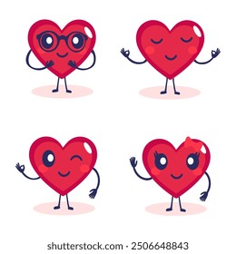 Set of cute heart characters. Vector cartoon characters in flat style isolated on white background.