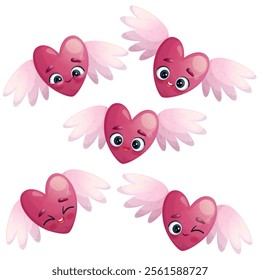 A set of cute heart characters with wings. The concept of Valentine's day, romance. Vector illustration on a white background for a poster, banner, postcard, advertisement.